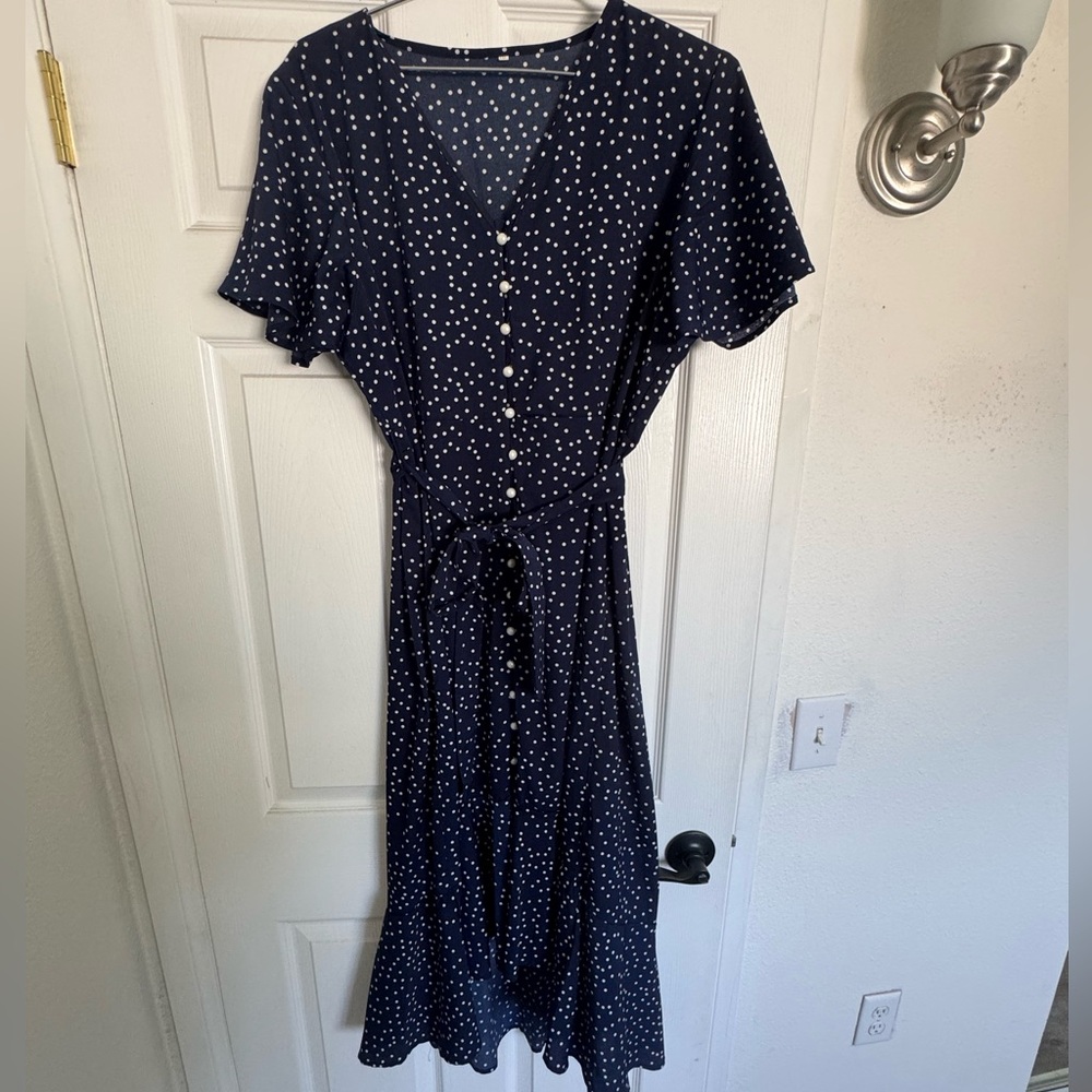 Navy Polka Dot Button Up Dress